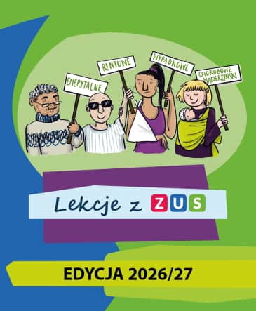 plakat projektu Lekcje z ZUS - 4 osoby z napisami: emerytalne, rentowe, wypadkowe, chorobowe, macierzyński