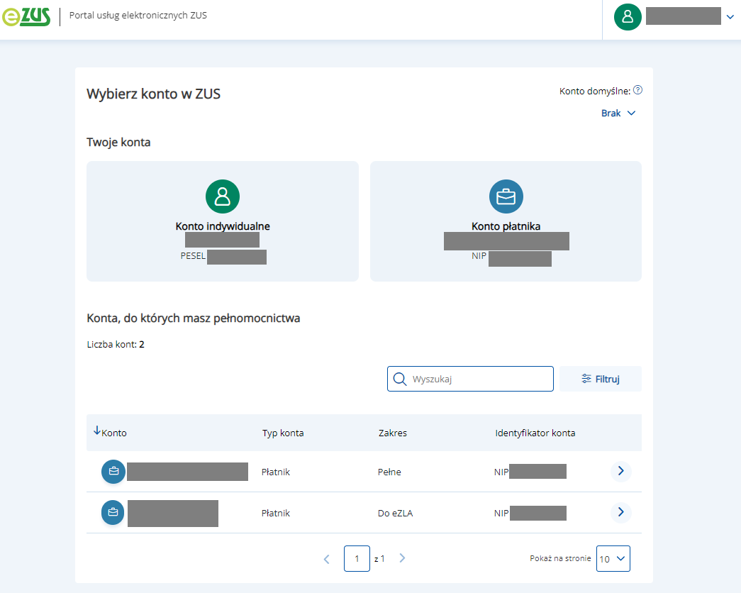 eZUS: ekran wyboru konta